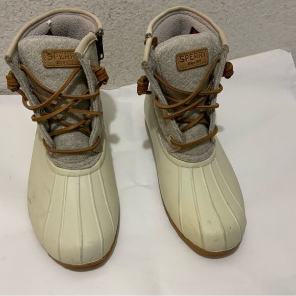 Sperry Duck Boots Women's Sz 7Shoes White Saltwater Emboss Wool Lined STS82473 - Picture 1 of 13